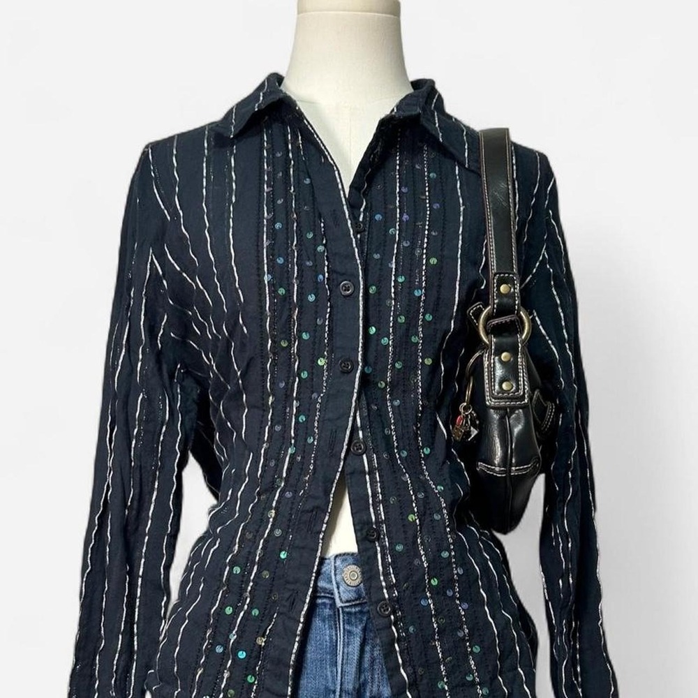 Vintage Striped Sequin Embroidered Button Up Top Womens XL Whimsygoth Alt Emo